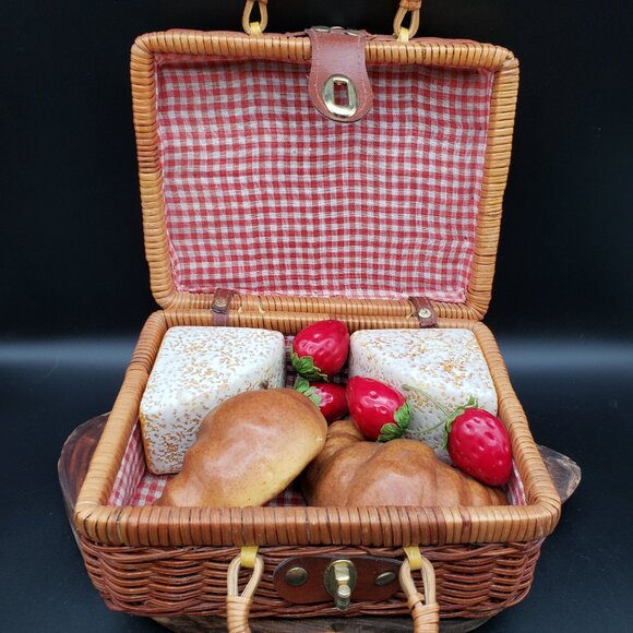 Vintage Wicker Picnic Basket Red Gingham Lining and Faux Food Cheese Bread Fruit - Picture 2 of 13